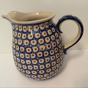 POLISH POTTERY PITCHER VINTAGE BLUE WHITE POLAND HANDMADE BOLESLAWIEC HOME SERVE
